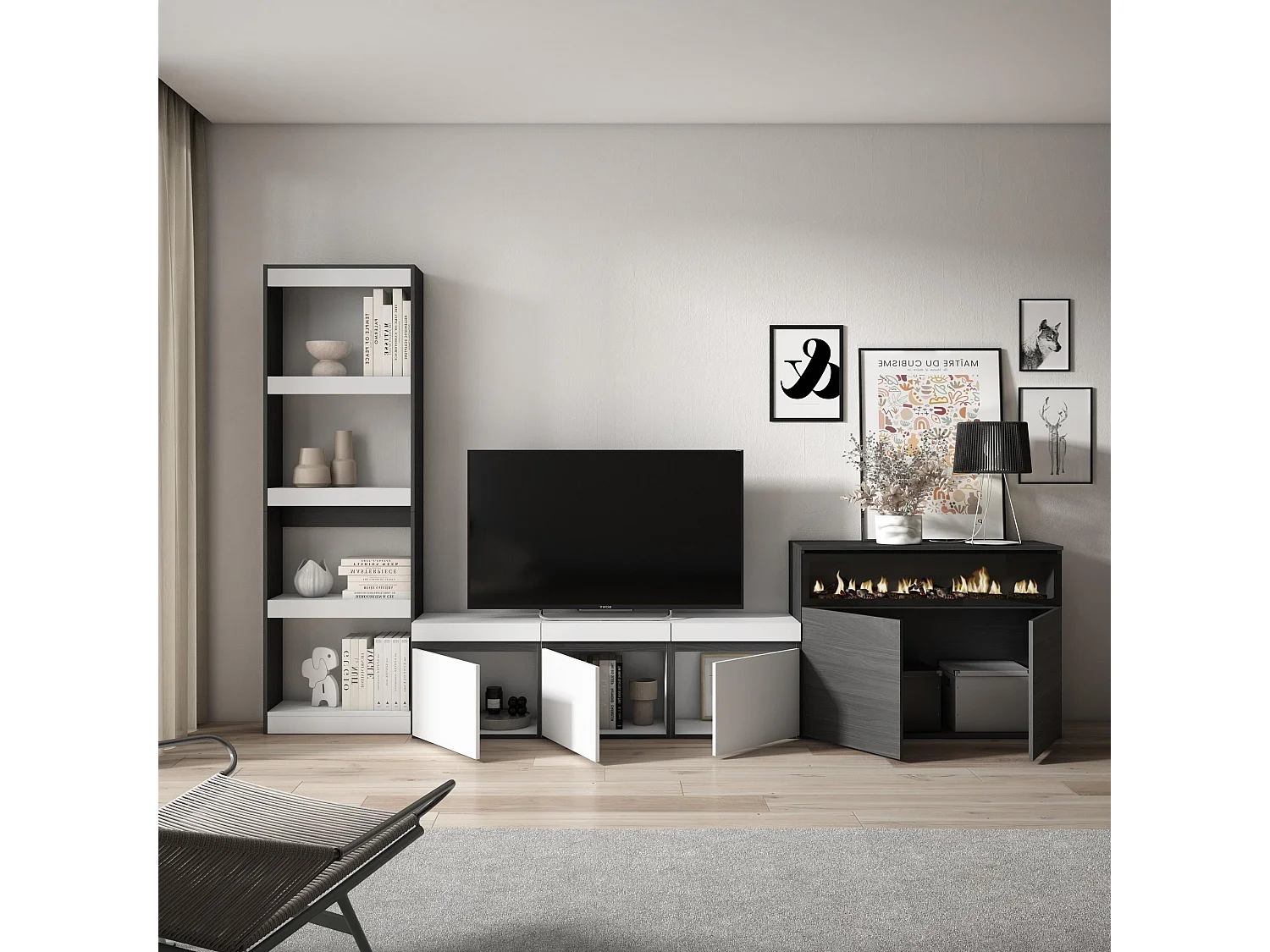 Ensemble Meuble TV, 310x186x35cm, Pour les TV jusqu'à 65", Cheminée électrique, Blanc et noir