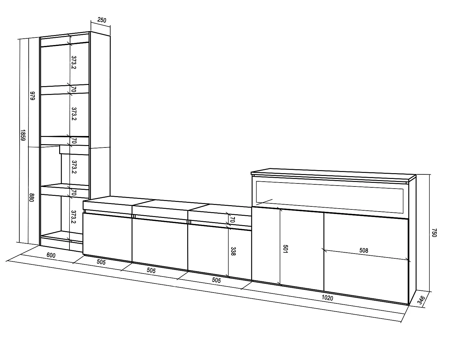 Ensemble Meuble TV, 310x186x35cm, Pour les TV jusqu'à 65", Cheminée électrique, Blanc et noir