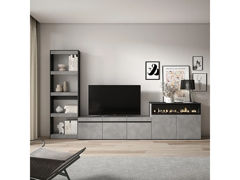 Mobile Soggiorno TV, 310x35x186cm, Per TV fino a 65", Camino elettrico, Cemento