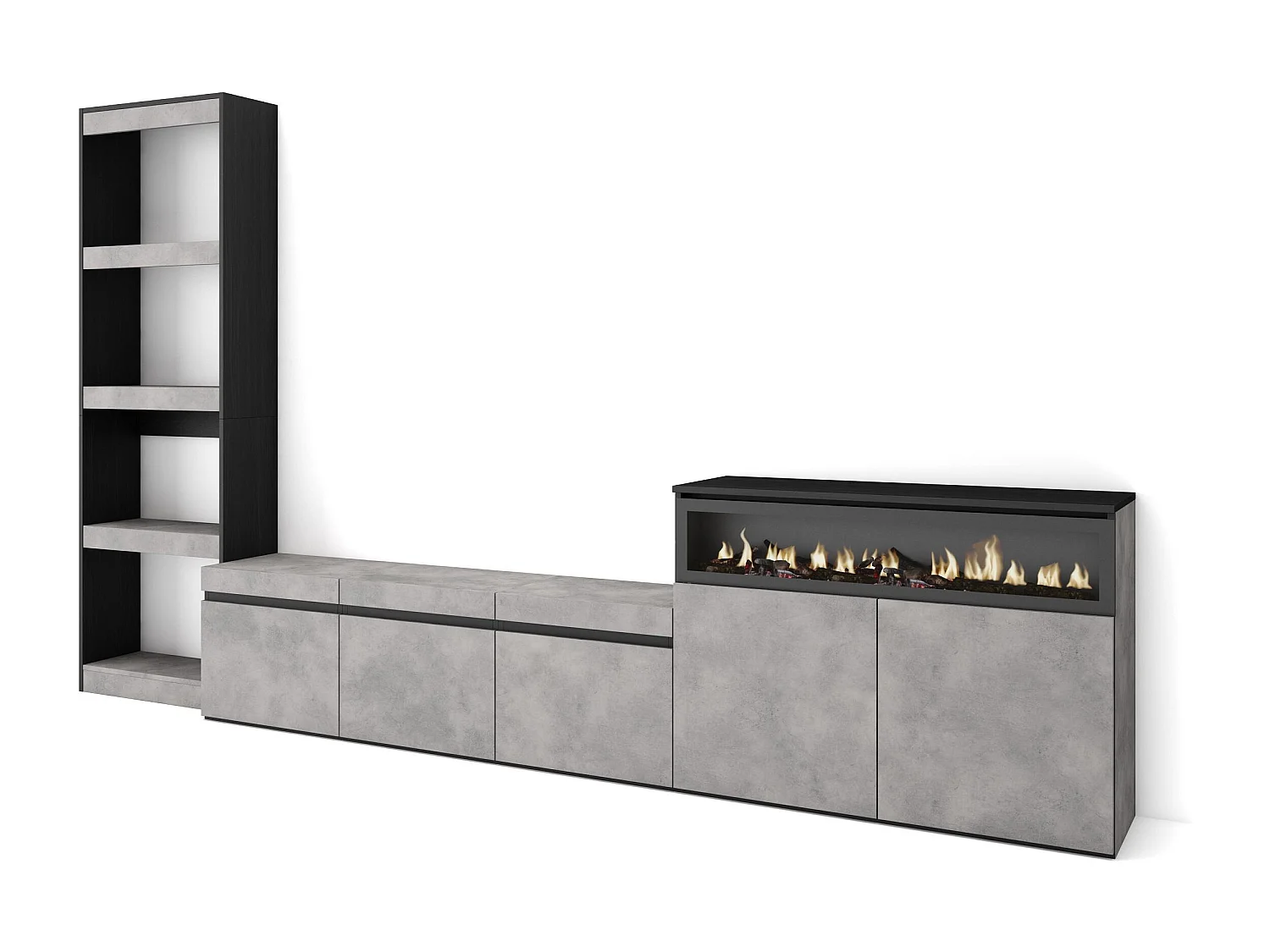 Mobile Soggiorno TV, 310x35x186cm, Per TV fino a 65", Camino elettrico, Cemento