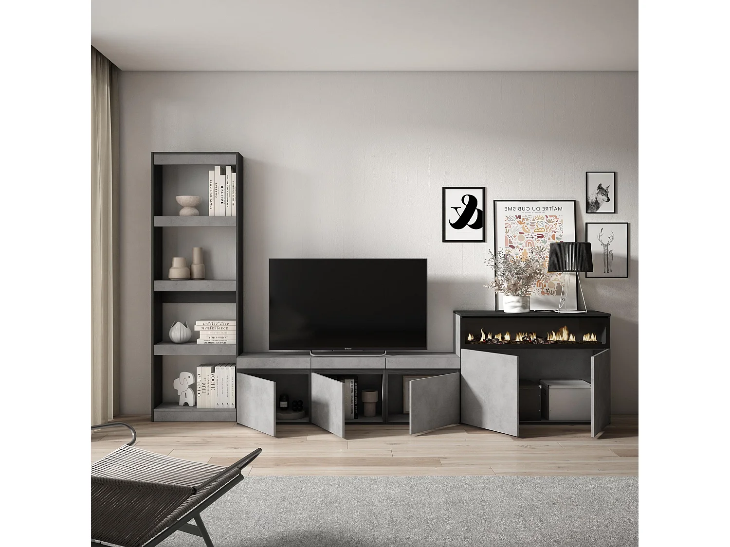 Mobile Soggiorno TV, 310x35x186cm, Per TV fino a 65", Camino elettrico, Cemento