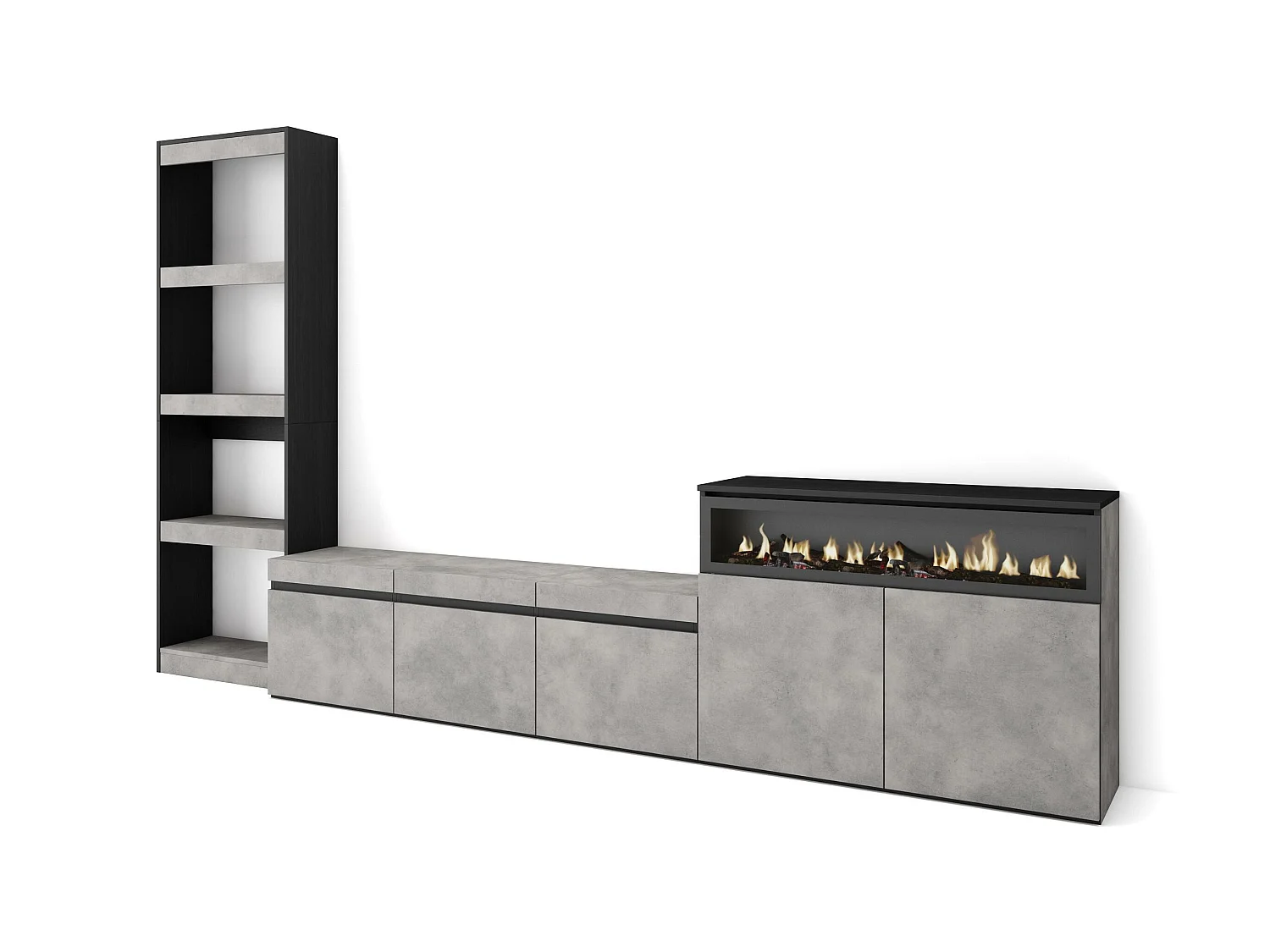 Ensemble Meuble TV, 310x35x186cm, Pour les TV jusqu'à 65", Cheminée électrique, Ciment