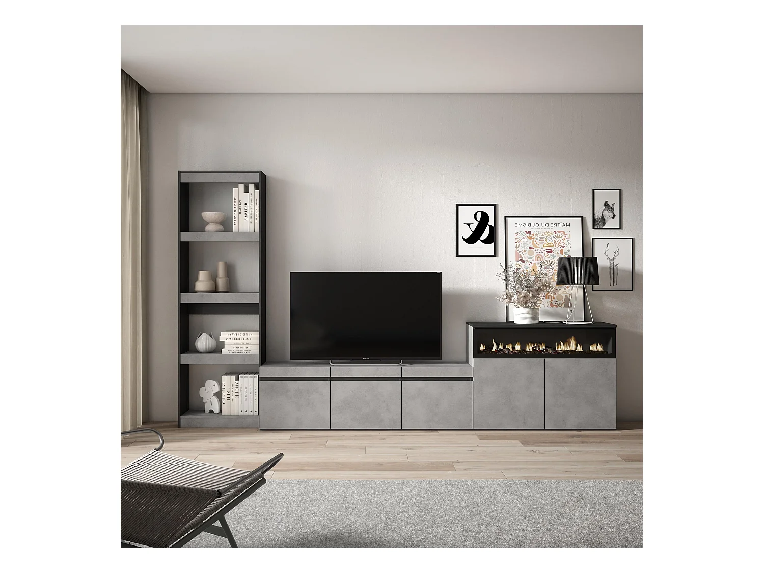 Meubels voor woonkamer, 310x35x186cm, Voor tv's tot 65", Elektrische haard, Cement