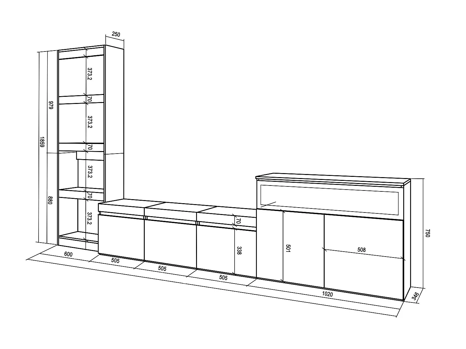Meubels voor woonkamer, 310x35x186cm, Voor tv's tot 65", Elektrische haard, Cement