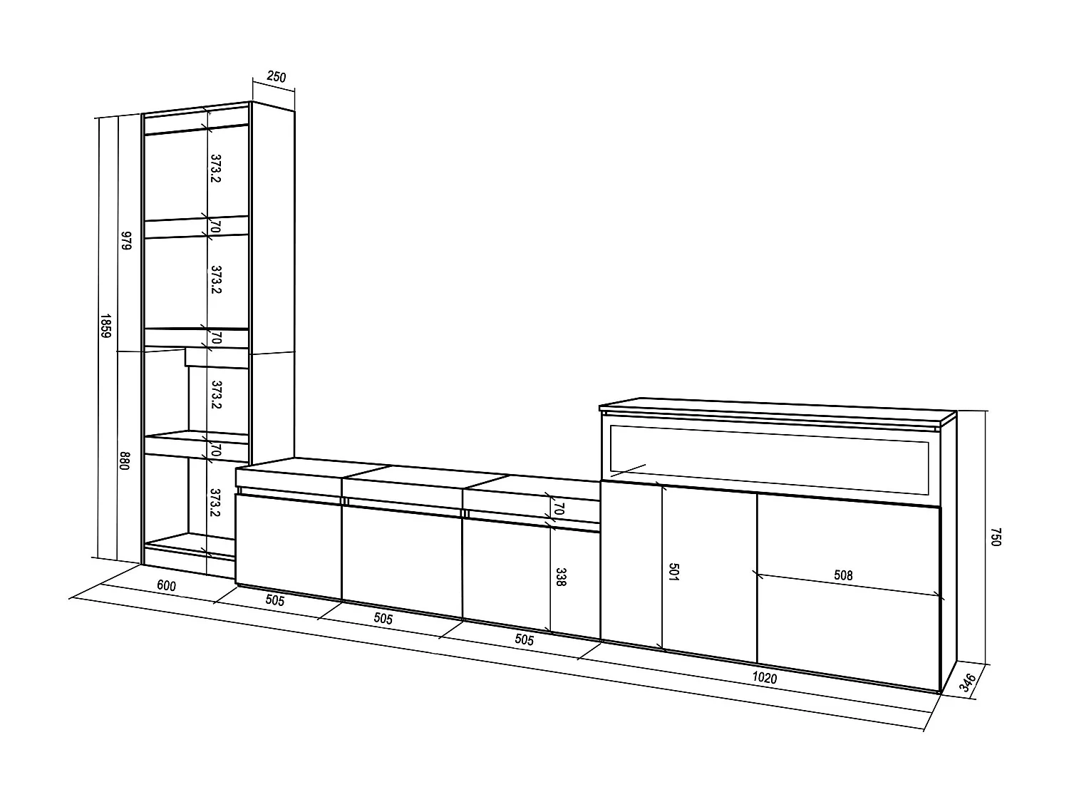 Conjunto de móveis TV, 310x35x186cm, Para televisores até 65", Lareira eléctrica, Cimento