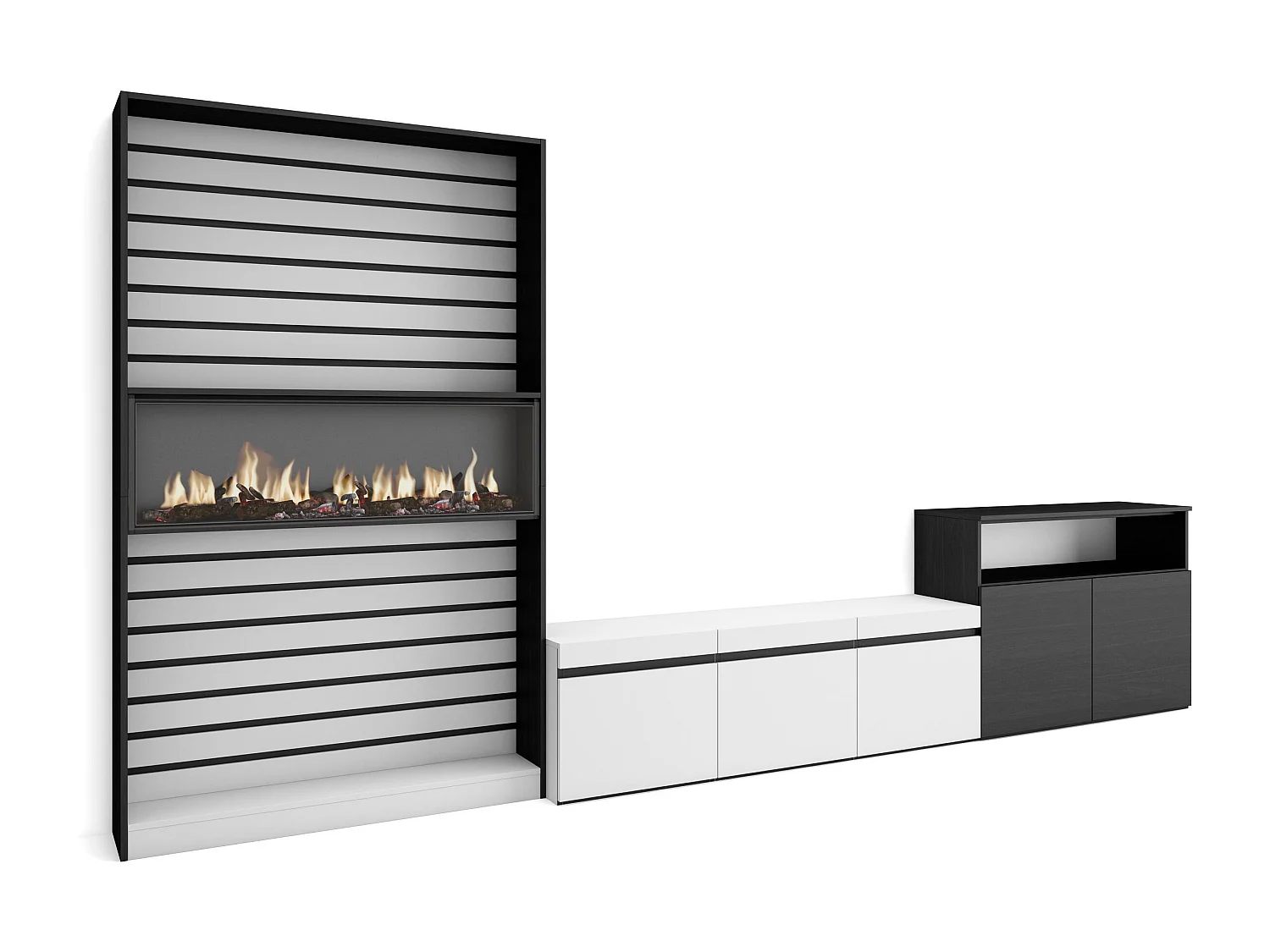 Ensemble Meuble TV, 360x35x186cm, Pour les TV jusqu'à 65", Cheminée électrique, Blanc et noir