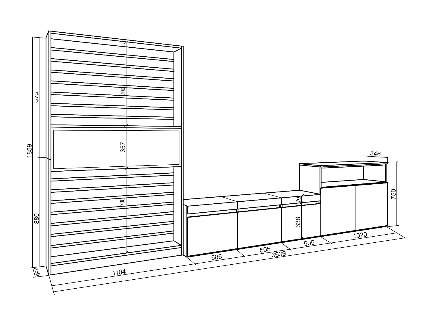 Ensemble Meuble TV, 360x35x186cm, Pour les TV jusqu'à 65", Cheminée électrique, Blanc et noir