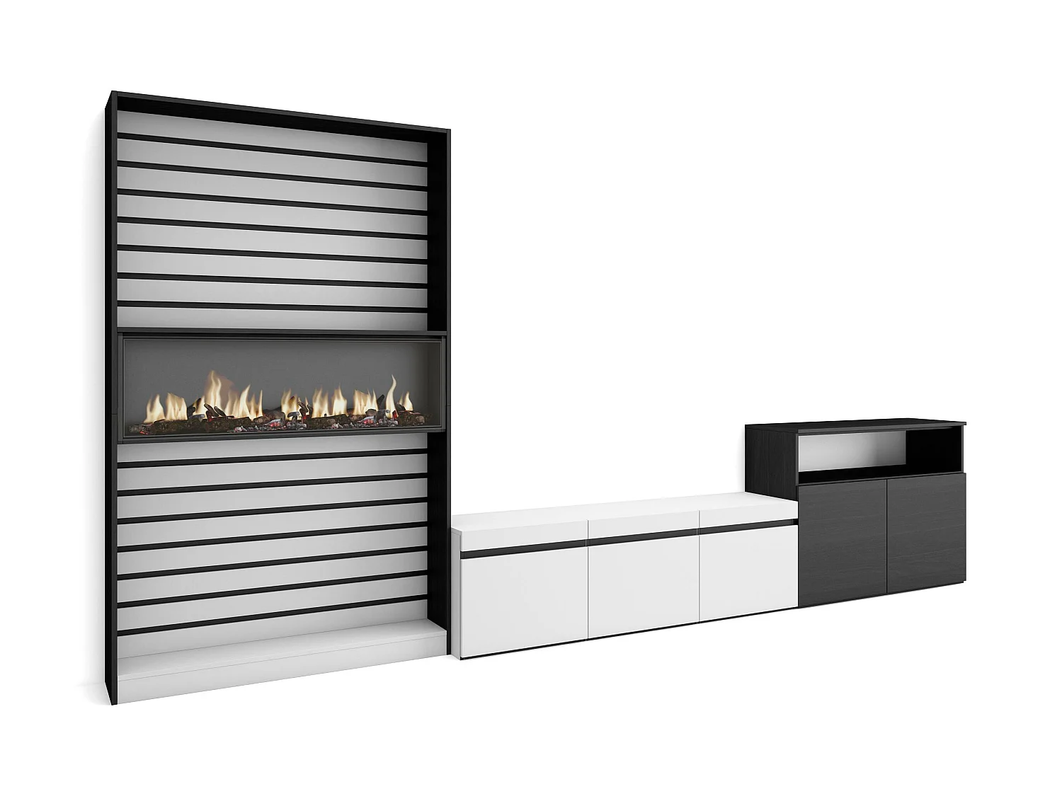 Ensemble Meuble TV, 360x35x186cm, Pour les TV jusqu'à 65", Cheminée électrique, Blanc et noir