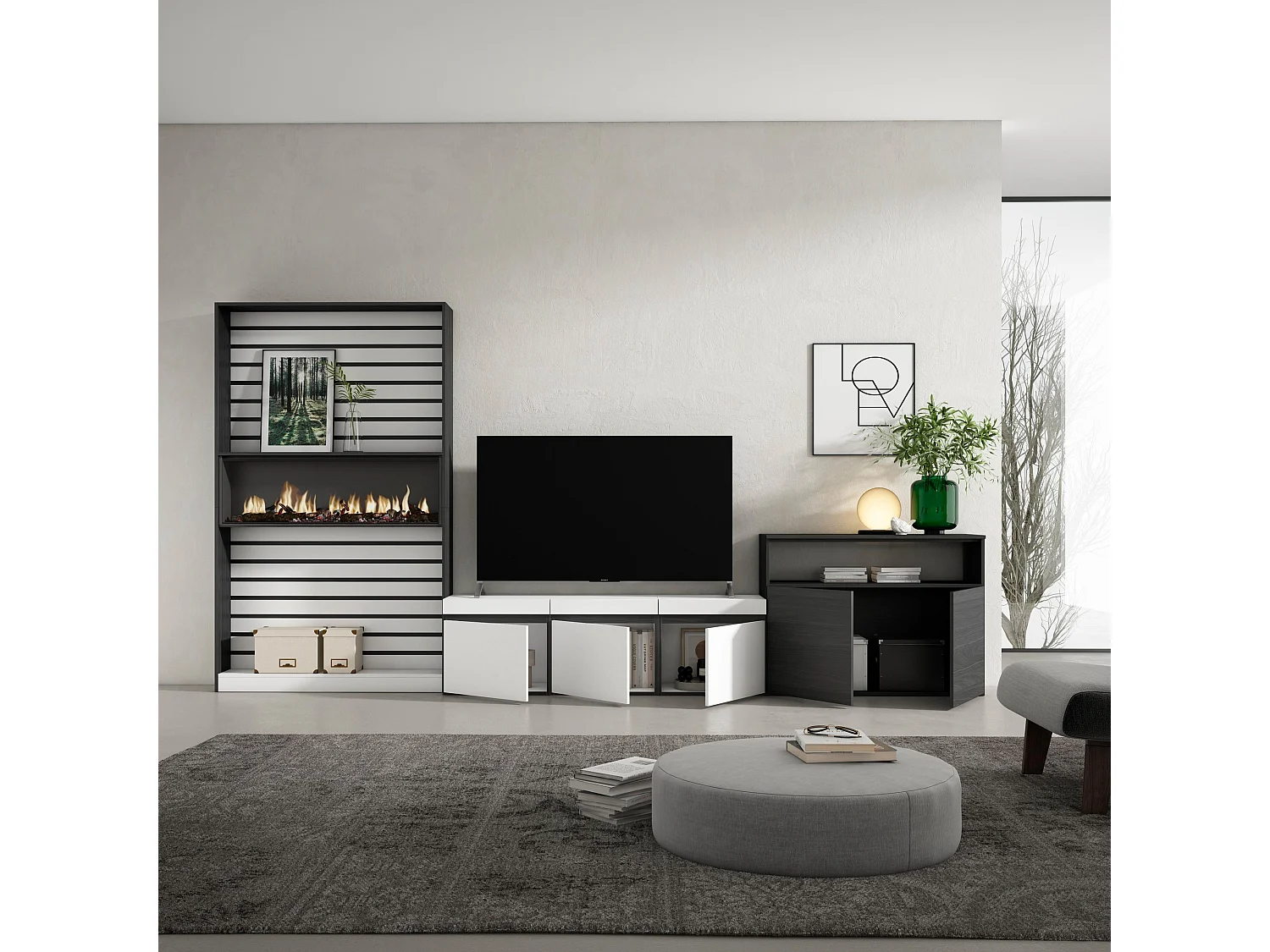 Ensemble Meuble TV, 360x35x186cm, Pour les TV jusqu'à 65", Cheminée électrique, Blanc et noir