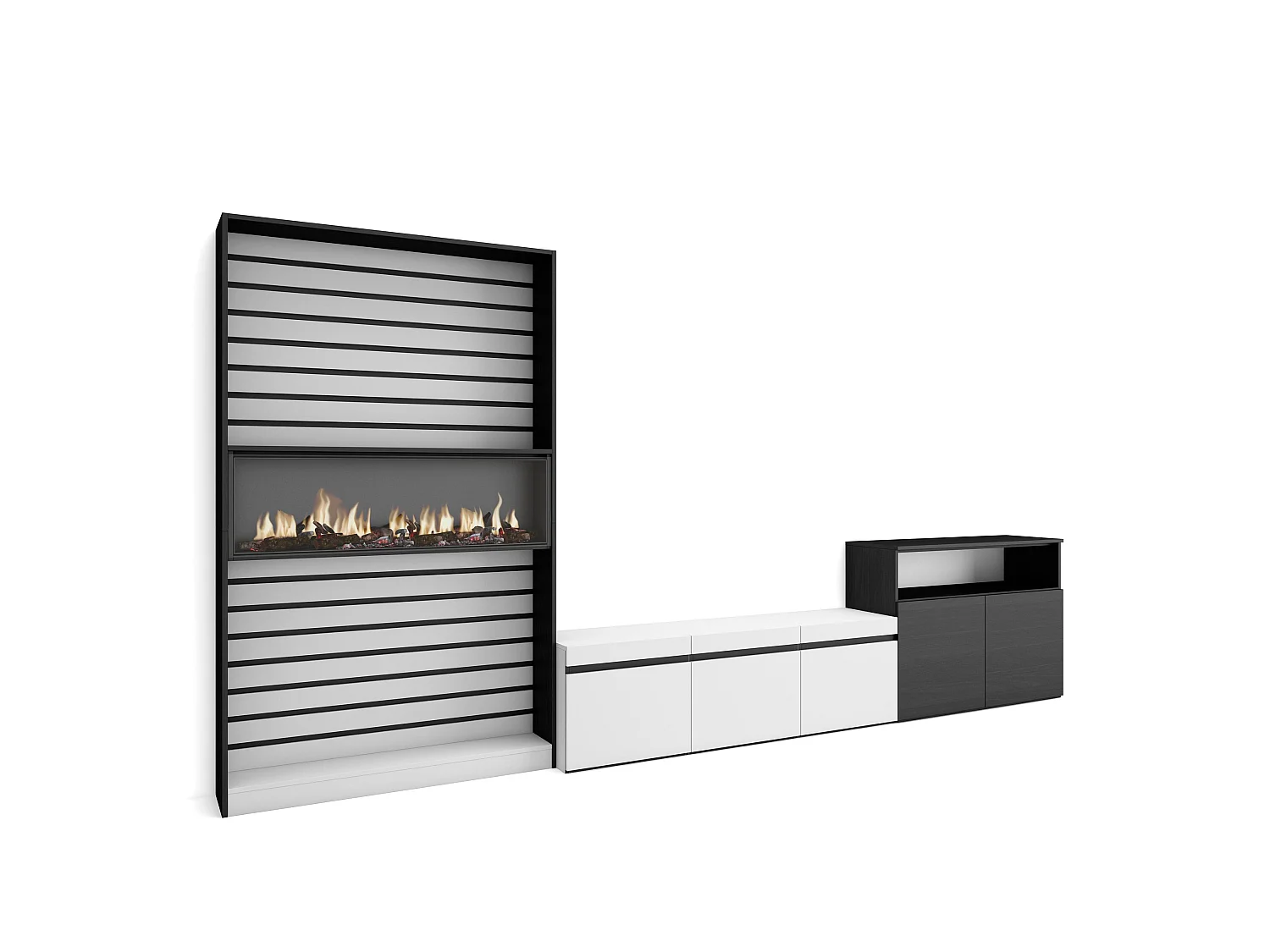 Mobile Soggiorno TV, 360x35x186cm, Per TV fino a 65", Camino elettrico, Bianco e nero