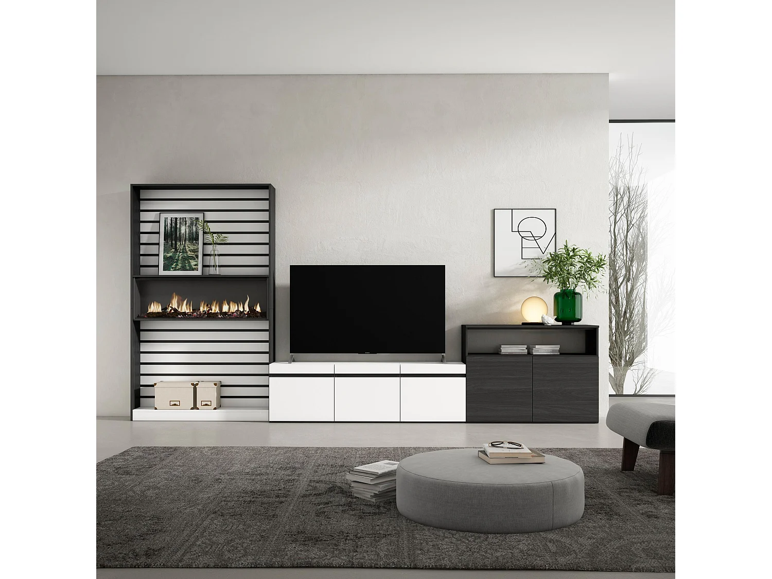 Mobile Soggiorno TV, 360x35x186cm, Per TV fino a 65", Camino elettrico, Bianco e nero