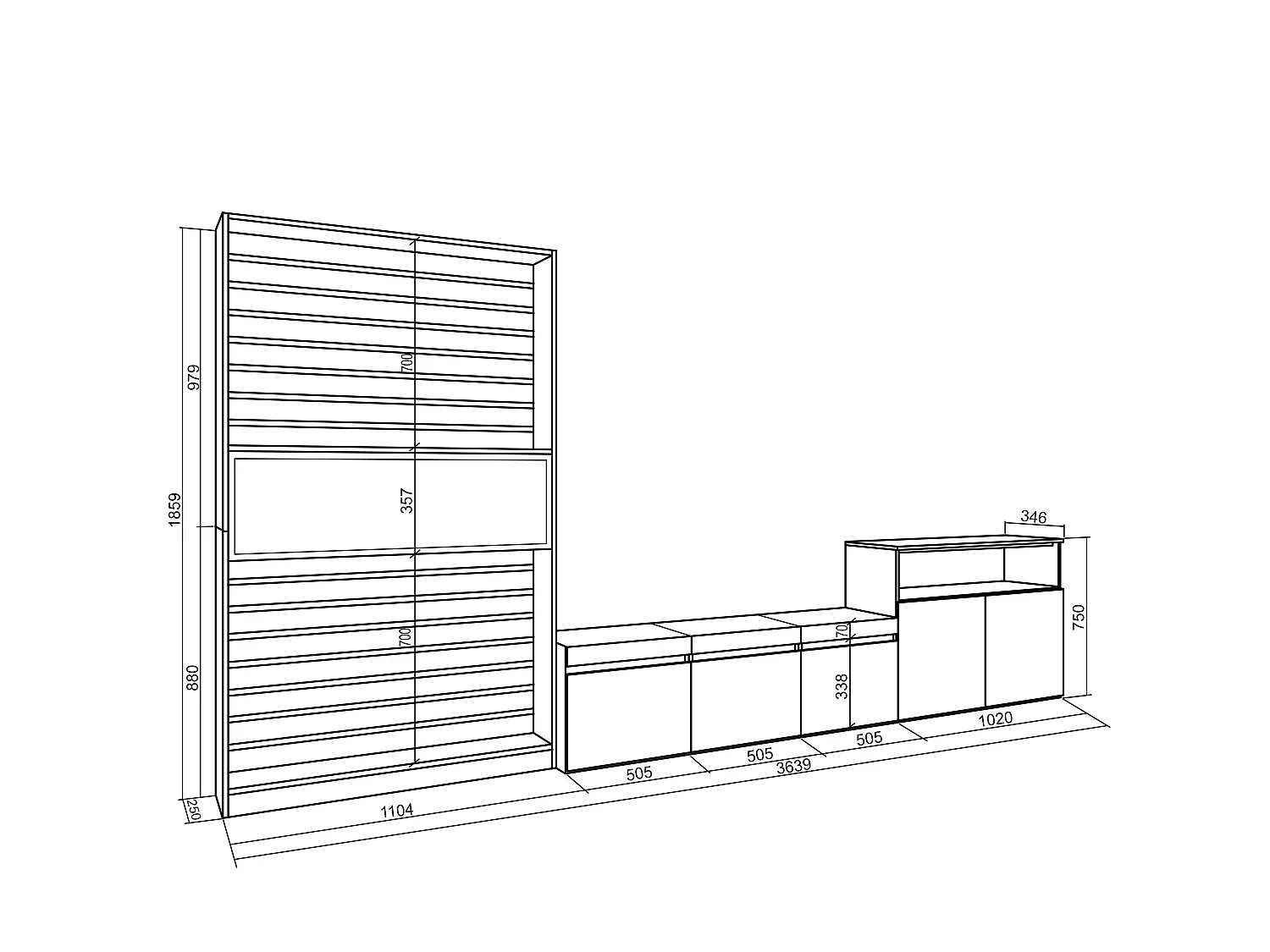 Mobile Soggiorno TV, 360x35x186cm, Per TV fino a 65", Camino elettrico, Bianco e nero