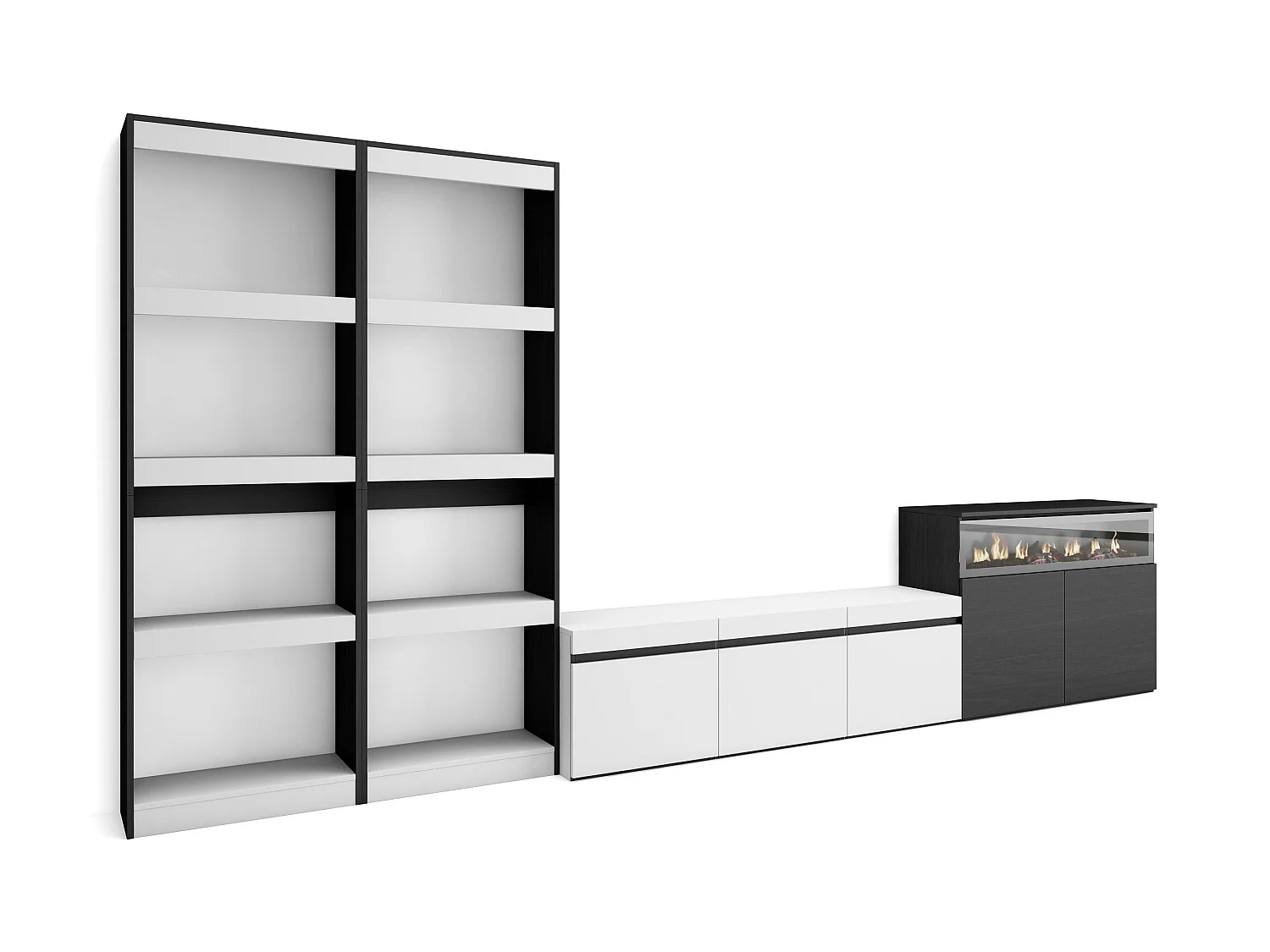Meubels voor woonkamer, 370x186x35cm, Voor tv's tot 65", Elektrische haard, Wit en Zwart