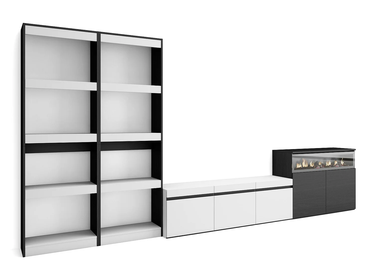 Meubels voor woonkamer, 370x186x35cm, Voor tv's tot 65", Elektrische haard, Wit en Zwart