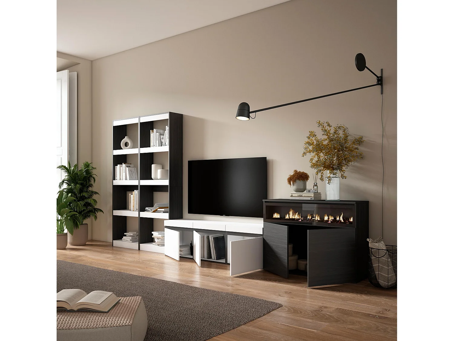 Meubels voor woonkamer, 370x186x35cm, Voor tv's tot 65", Elektrische haard, Wit en Zwart