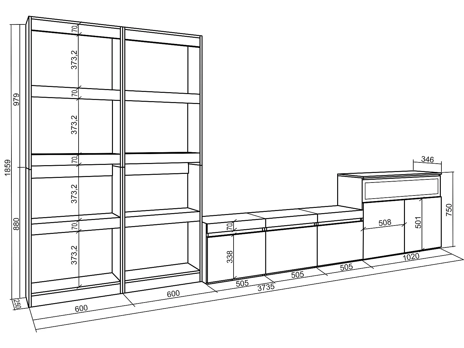 Meubels voor woonkamer, 370x186x35cm, Voor tv's tot 65", Elektrische haard, Wit en Zwart
