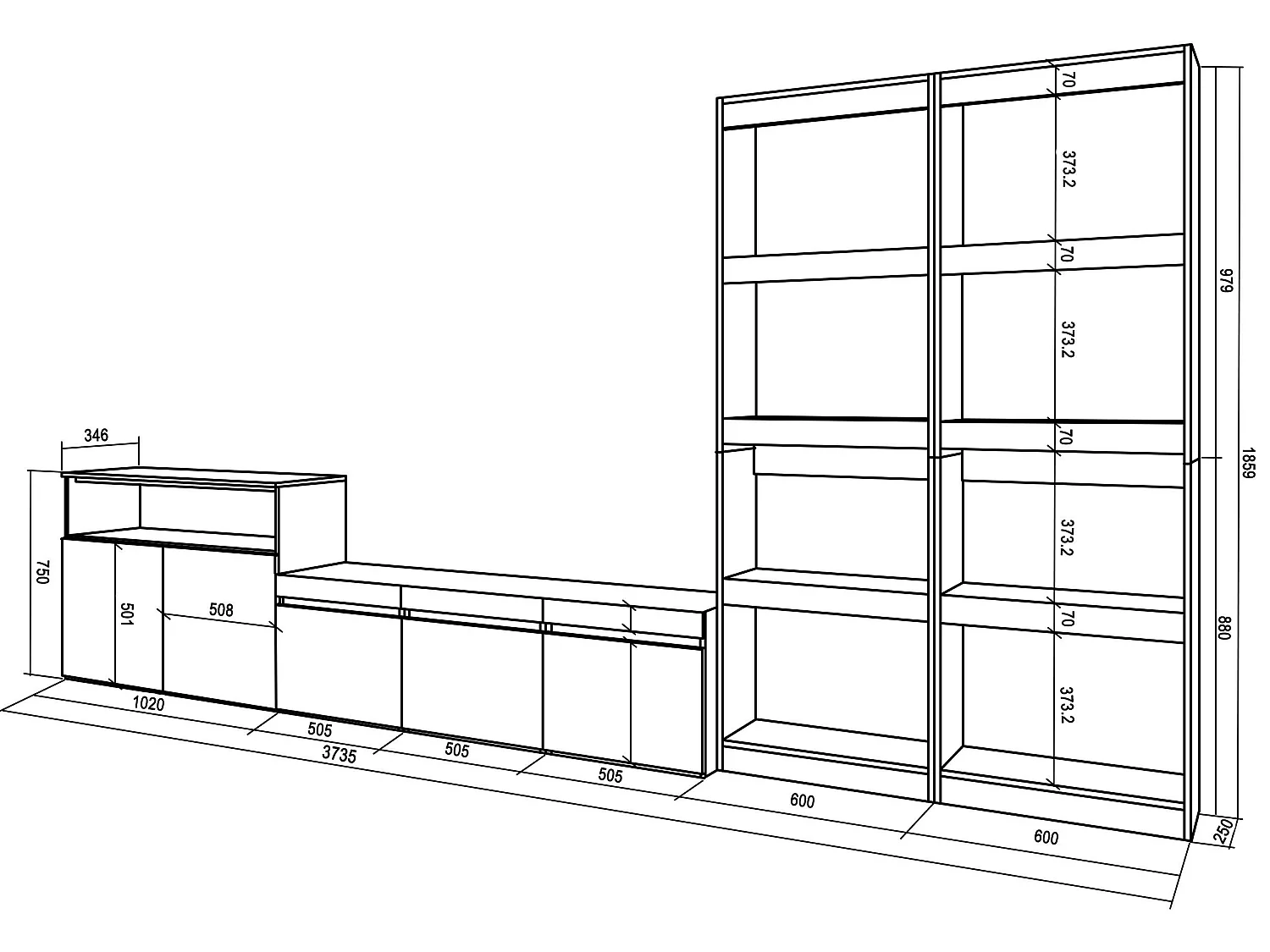 Ensemble Meuble TV, 370x186x35cm, Pour les TV jusqu'à 65", Salon Complet, Blanc et noir