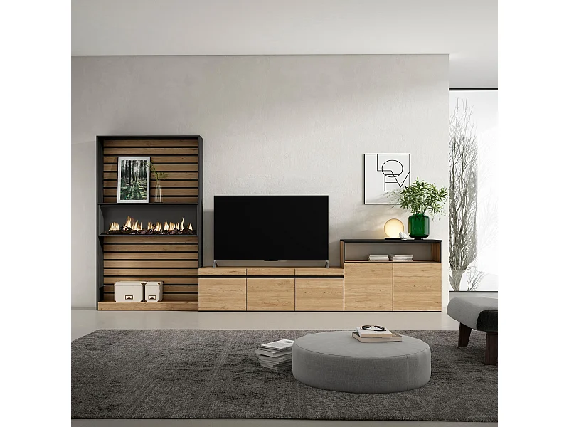 Wohnwand Wohnzimmer, 360x35x186cm, Für TV-Geräte bis zu 65", Elektrokamin, Eiche Schwarz