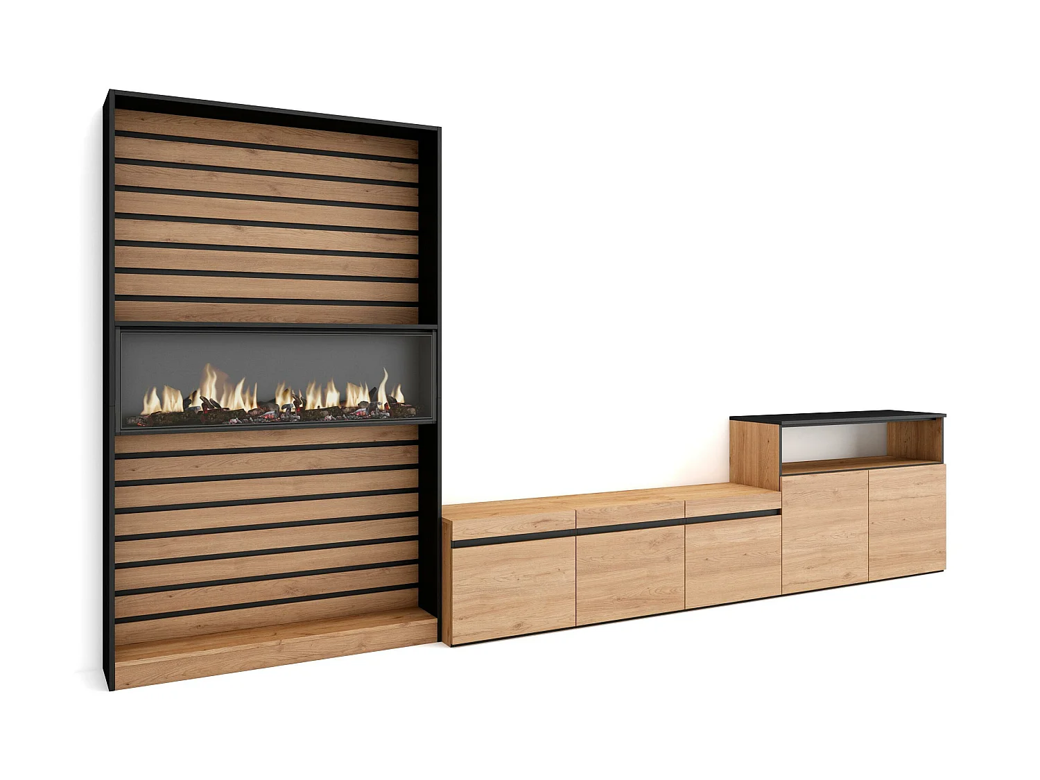 Meubels voor woonkamer, 360x35x186cm, Voor tv's tot 65", Elektrische haard, Eiken/Zwart