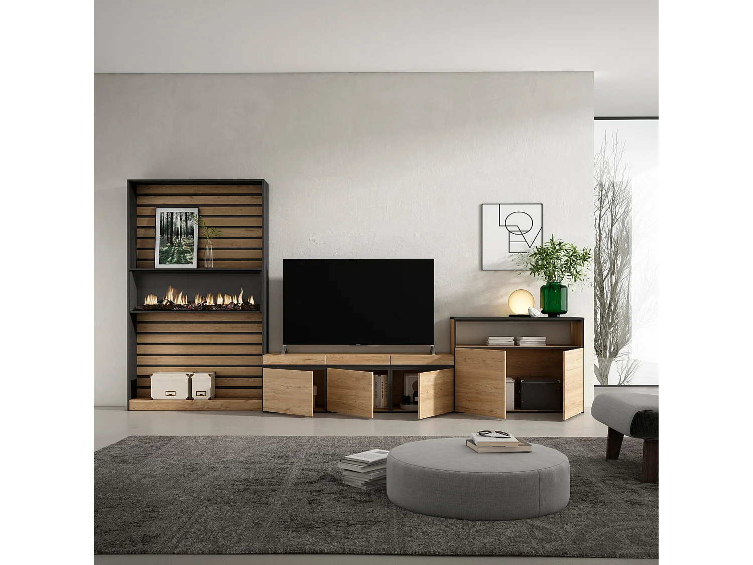 Ensemble Meuble TV, 360x35x186cm, Pour les TV jusqu'à 65", Cheminée électrique, Chêne et noir