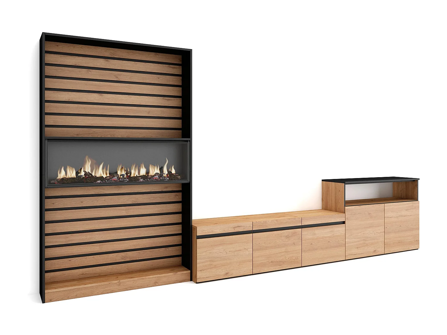 Mobile Soggiorno TV, 360x35x186cm, Per TV fino a 65", Camino elettrico, Rovere e nero