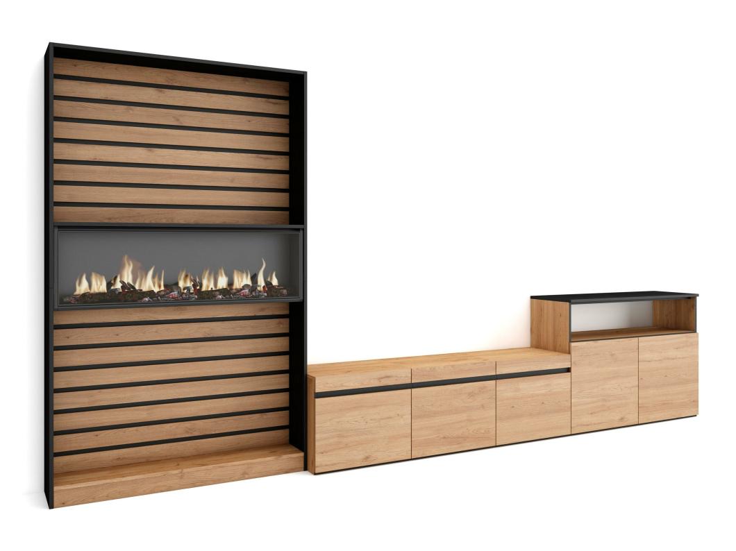 Meubels voor woonkamer, 360x186x35cm, Voor tv's tot 65", Elektrische haard, Eiken/Zwart