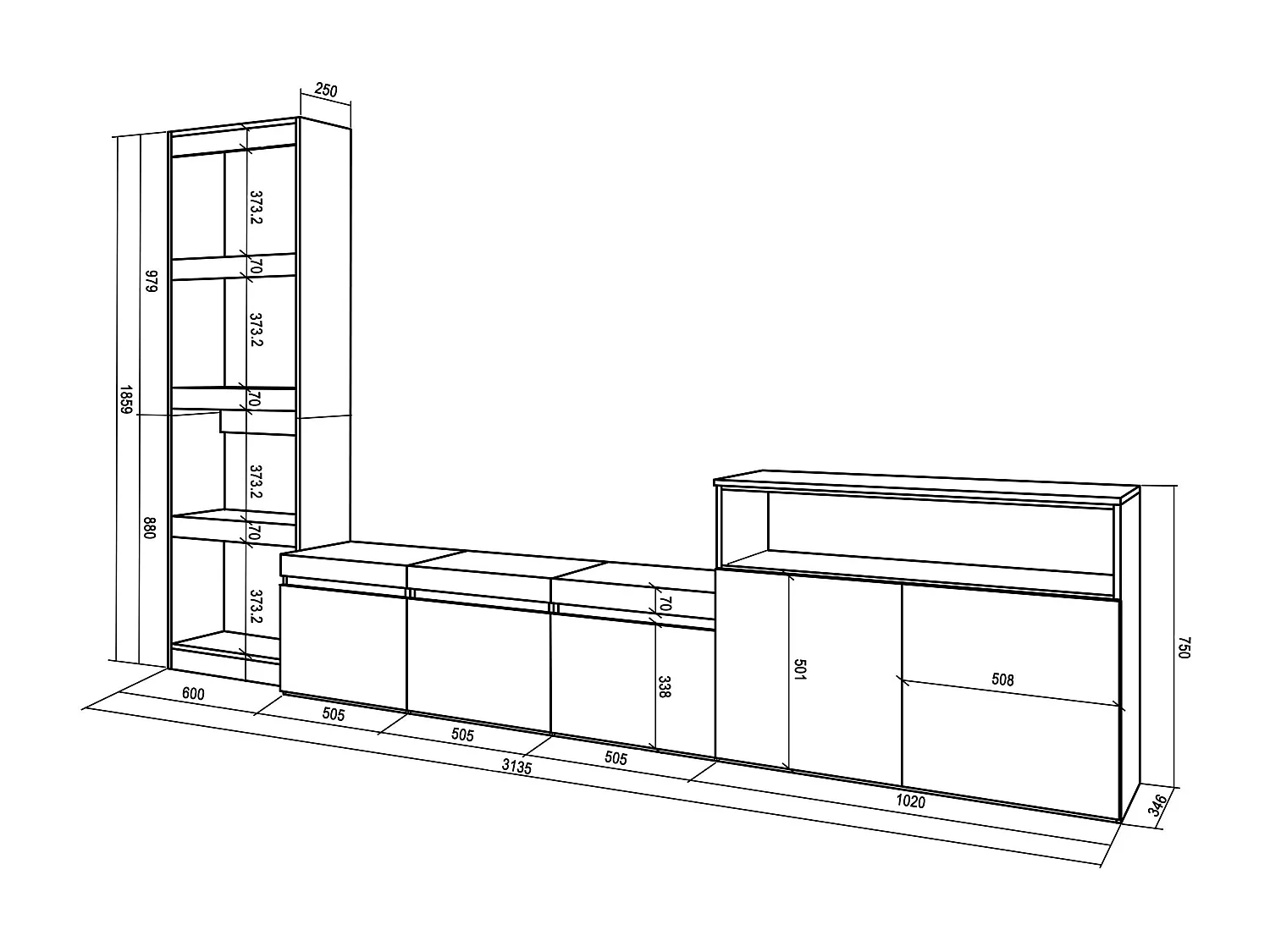 Mobile Soggiorno TV, 310x35x186cm, Per TV fino a 65", Set di mobili, Cemento