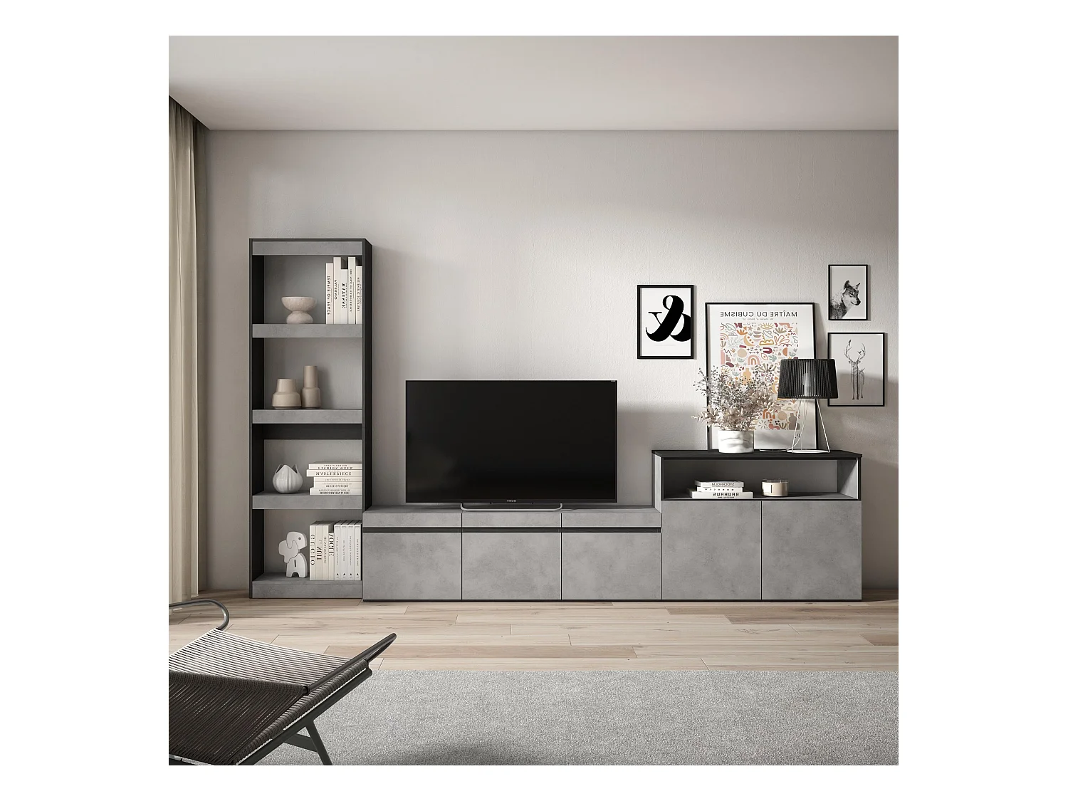Ensemble Meuble TV, 310x35x186cm, Pour les TV jusqu'à 65", Salon Complet, Ciment