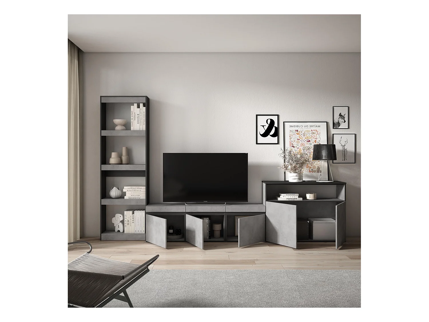 Ensemble Meuble TV, 310x35x186cm, Pour les TV jusqu'à 65", Salon Complet, Ciment