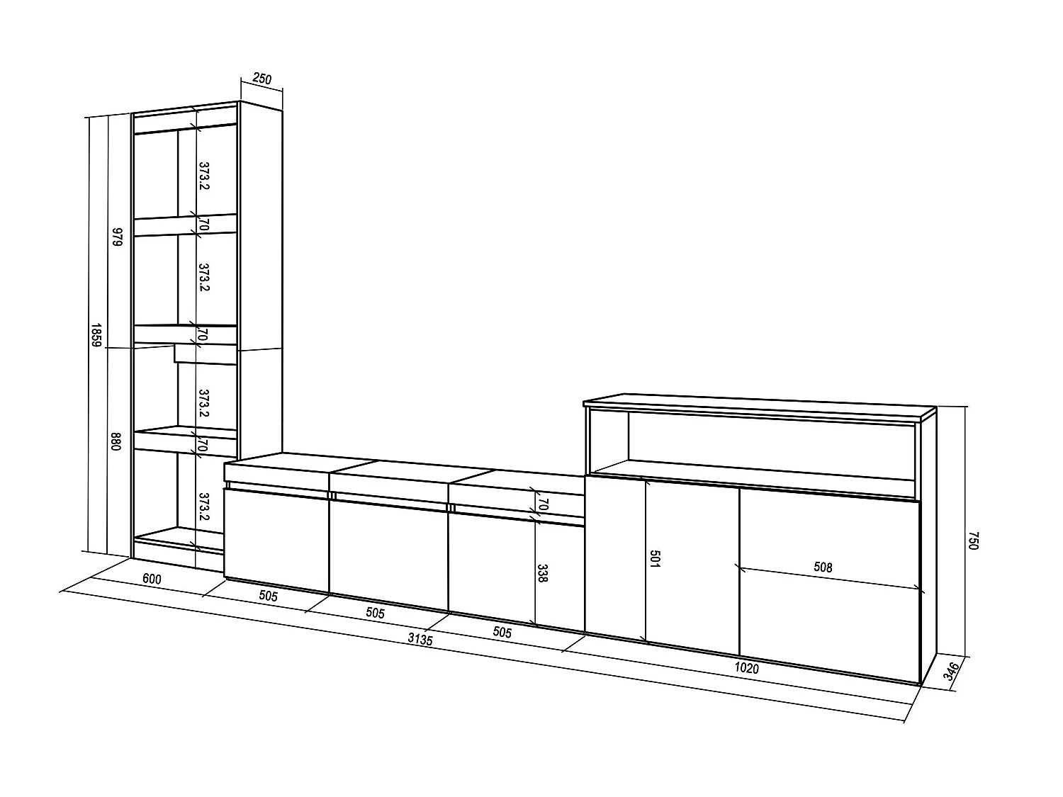 Ensemble Meuble TV, 310x35x186cm, Pour les TV jusqu'à 65", Salon Complet, Ciment