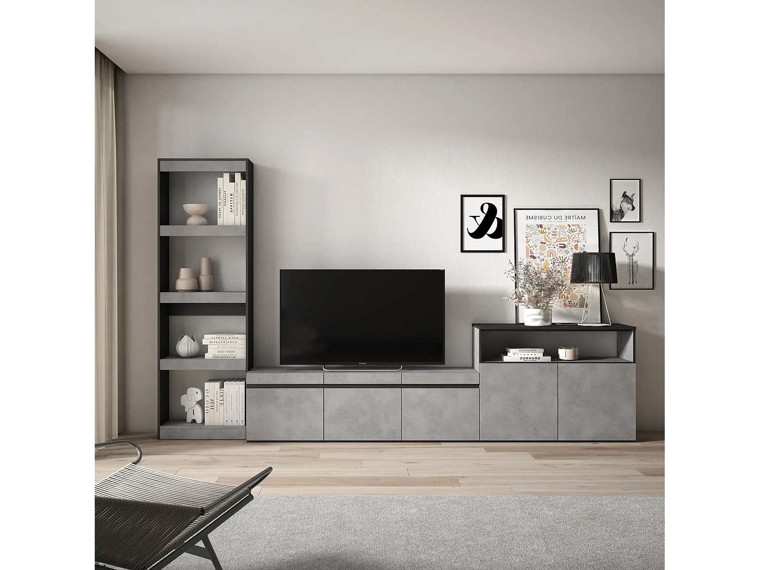 Wohnwand Wohnzimmer, 310x35x186cm, Für TV-Geräte bis zu 65", Wohnzimmer Möbel , Zement