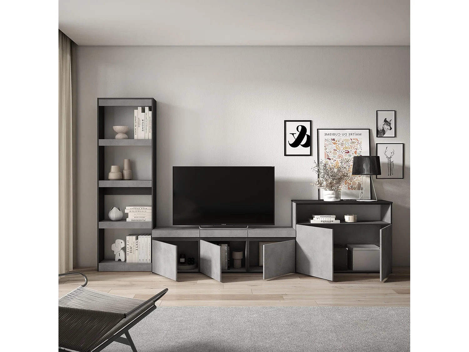 Wohnwand Wohnzimmer, 310x35x186cm, Für TV-Geräte bis zu 65", Wohnzimmer Möbel , Zement