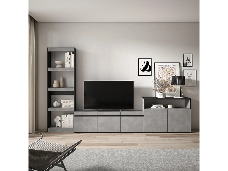 Wohnwand Wohnzimmer, 310x35x186cm, Für TV-Geräte bis zu 65", Wohnzimmer Möbel , Zement