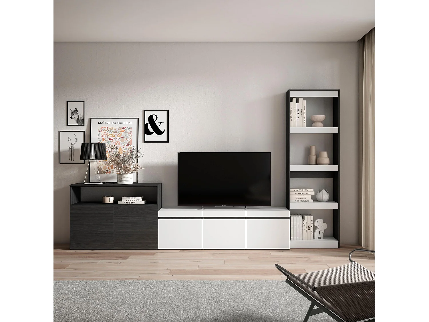 Meubels voor woonkamer, 310x186x35cm, Voor tv's tot 65", TV-Tafel, Wit en Zwart