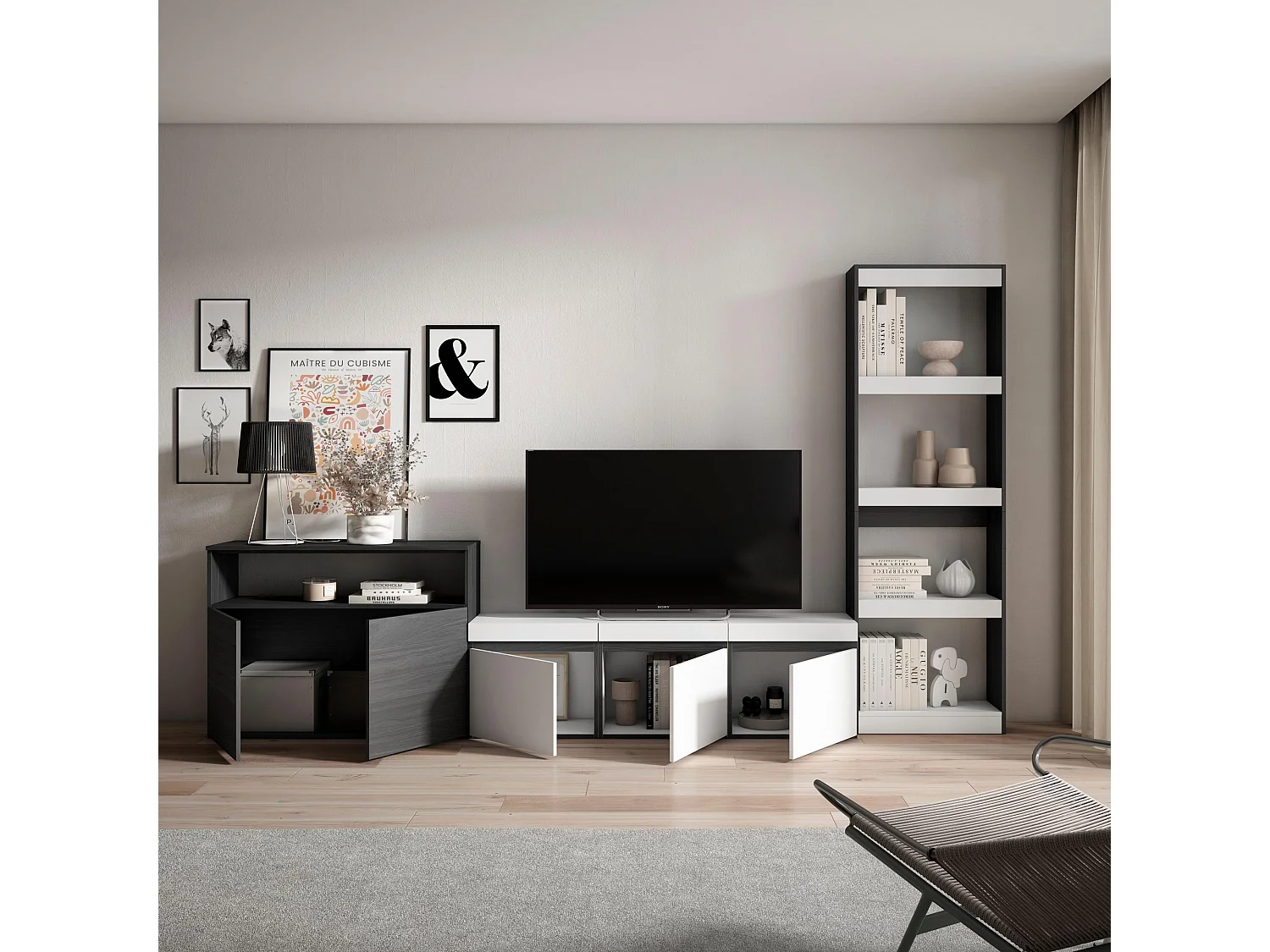 Meubels voor woonkamer, 310x186x35cm, Voor tv's tot 65", TV-Tafel, Wit en Zwart