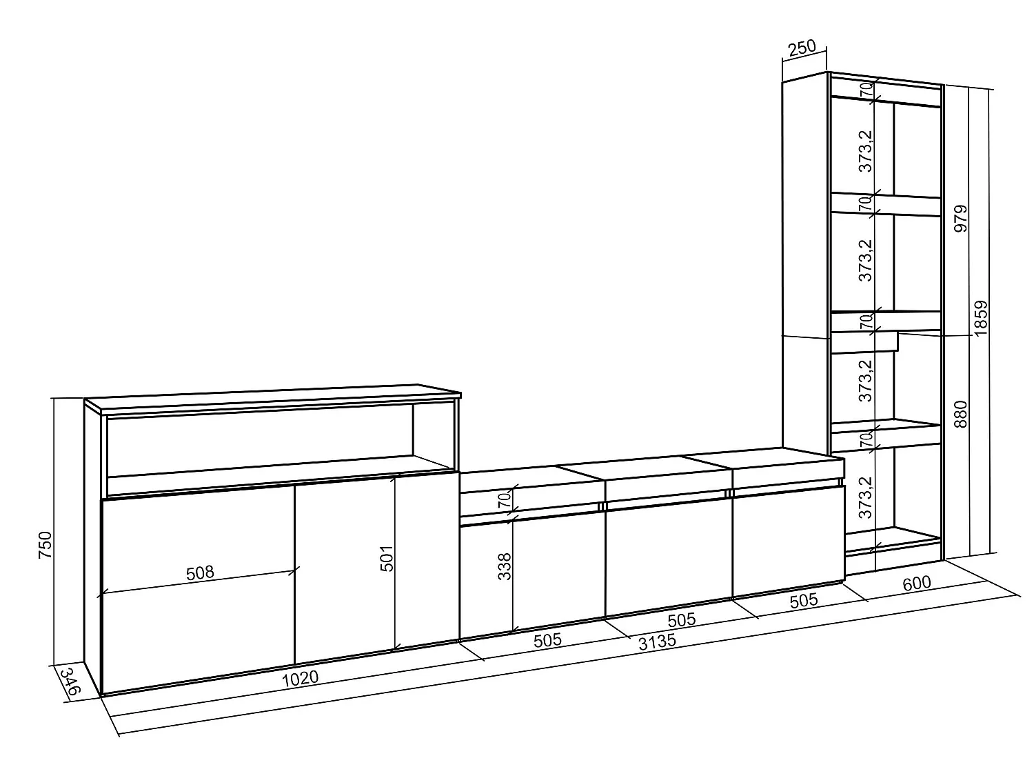 Meubels voor woonkamer, 310x186x35cm, Voor tv's tot 65", TV-Tafel, Wit en Zwart