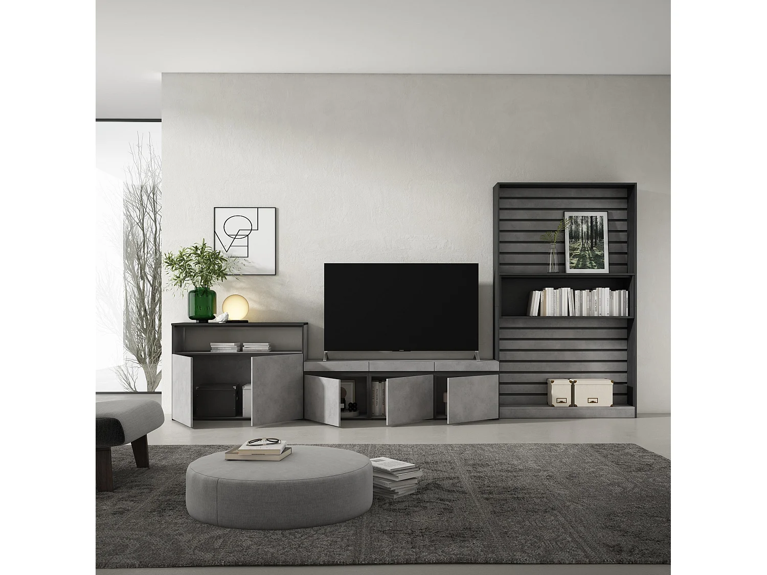 Ensemble Meuble TV, 360x186x35cm, Pour les TV jusqu'à 65", Salon Complet, Ciment
