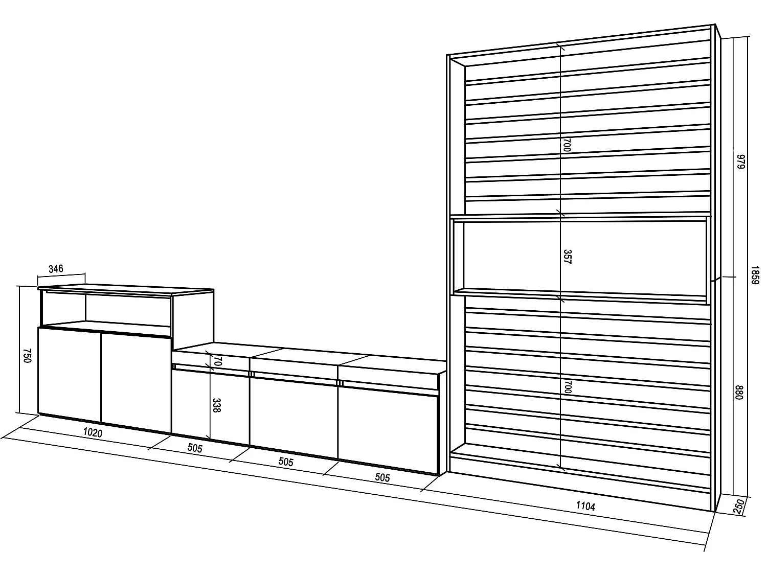 Ensemble Meuble TV, 360x186x35cm, Pour les TV jusqu'à 65", Salon Complet, Ciment