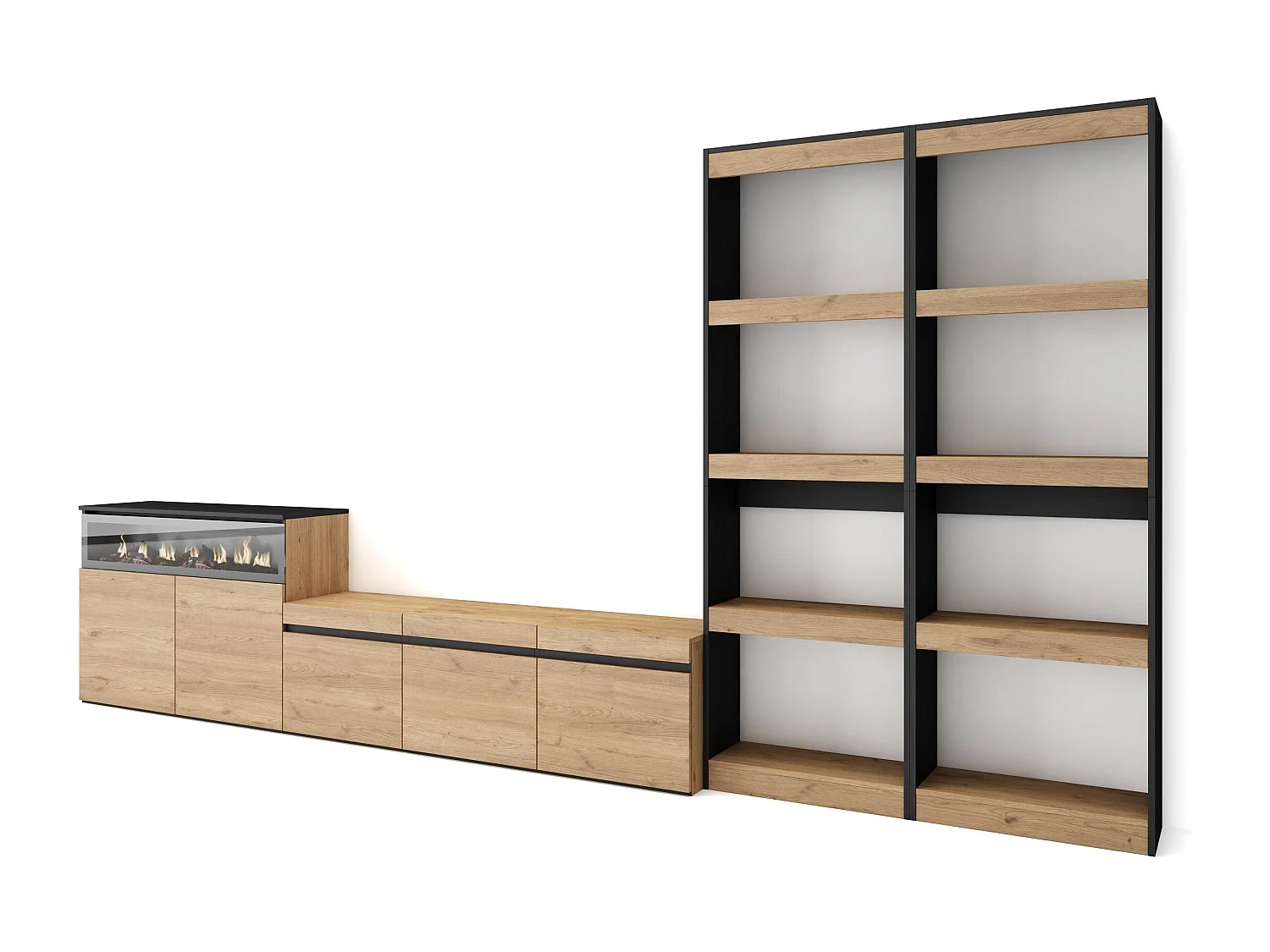 Ensemble Meuble TV, 370x35x186cm, Pour les TV jusqu'à 65", Cheminée électrique, Chêne et noir