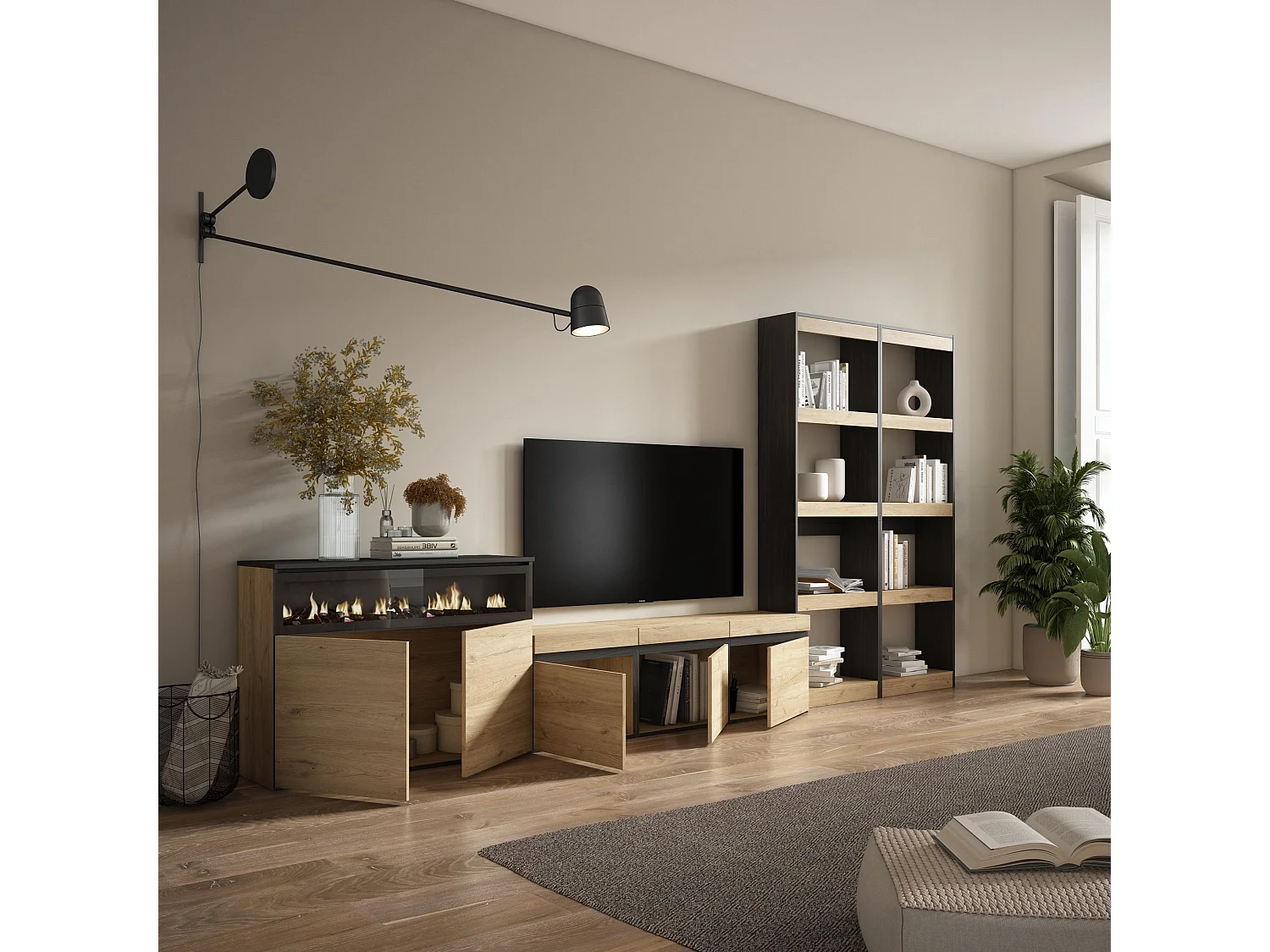 Ensemble Meuble TV, 370x35x186cm, Pour les TV jusqu'à 65", Cheminée électrique, Chêne et noir