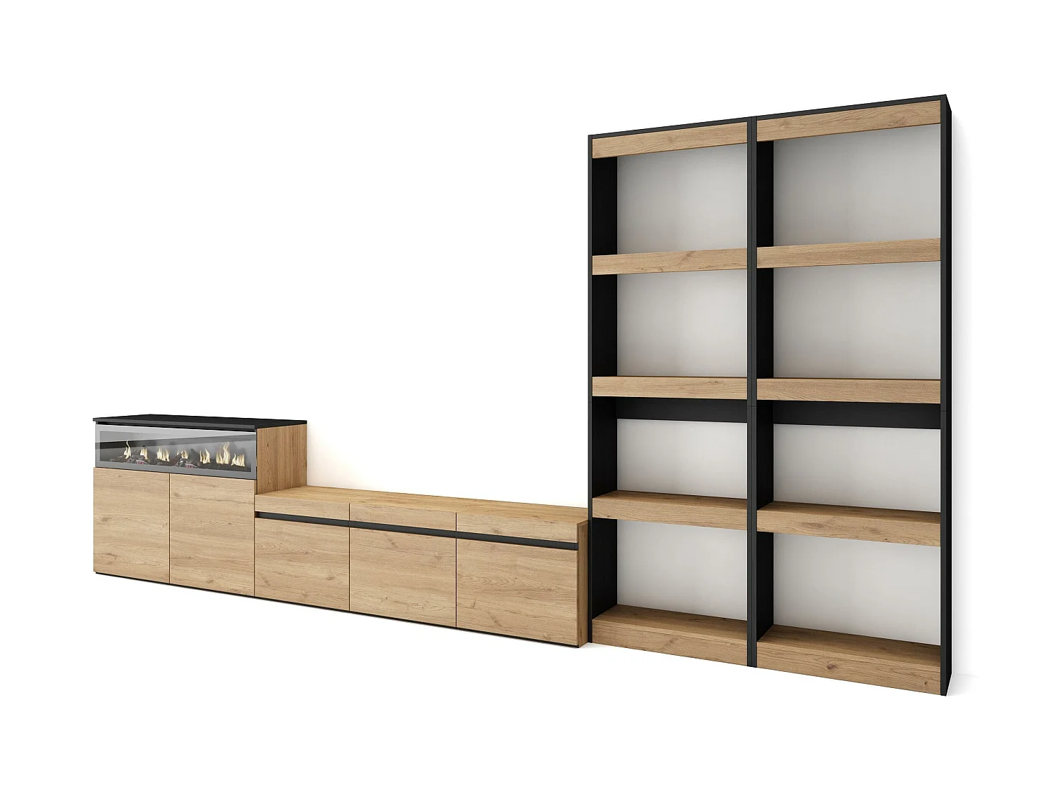 Ensemble Meuble TV, 370x35x186cm, Pour les TV jusqu'à 65", Cheminée électrique, Chêne et noir