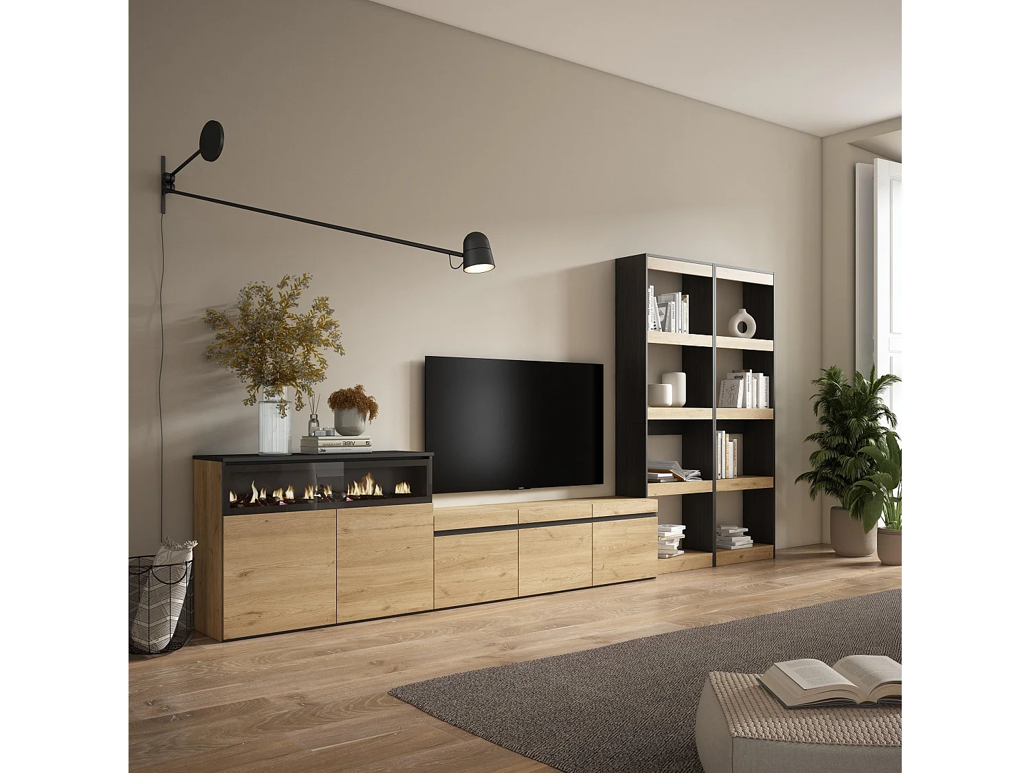 Conjunto de móveis TV, 370x35x186cm, Para televisores até 65", Lareira eléctrica, Carvahlo e preto