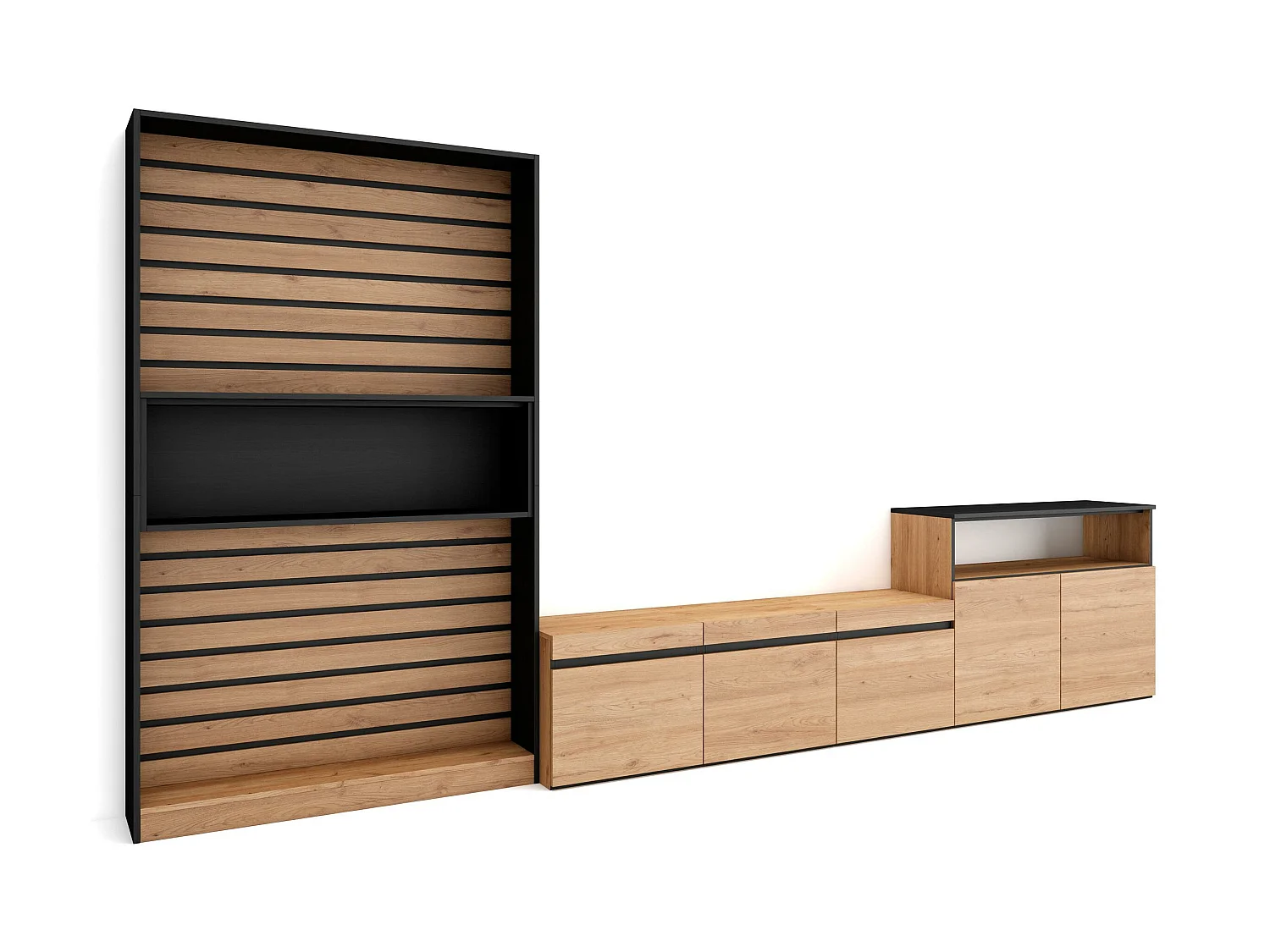 Ensemble Meuble TV, 360x35x186cm, Pour les TV jusqu'à 65", Salon Complet, Chêne et noir