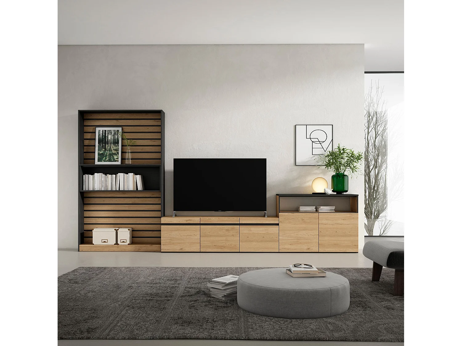 Meubels voor woonkamer, 360x35x186cm, Voor tv's tot 65", TV-Tafel, Eiken/Zwart