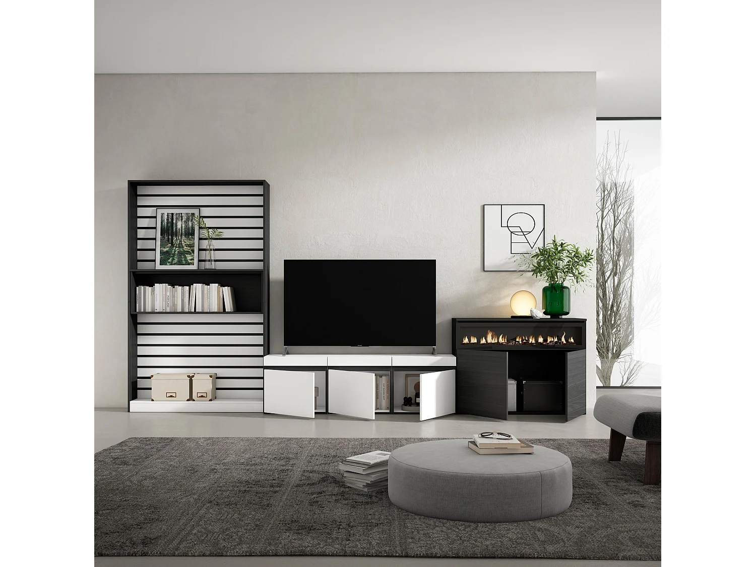 Ensemble Meuble TV, 360x35x186cm, Pour les TV jusqu'à 65", Cheminée électrique, Blanc et noir