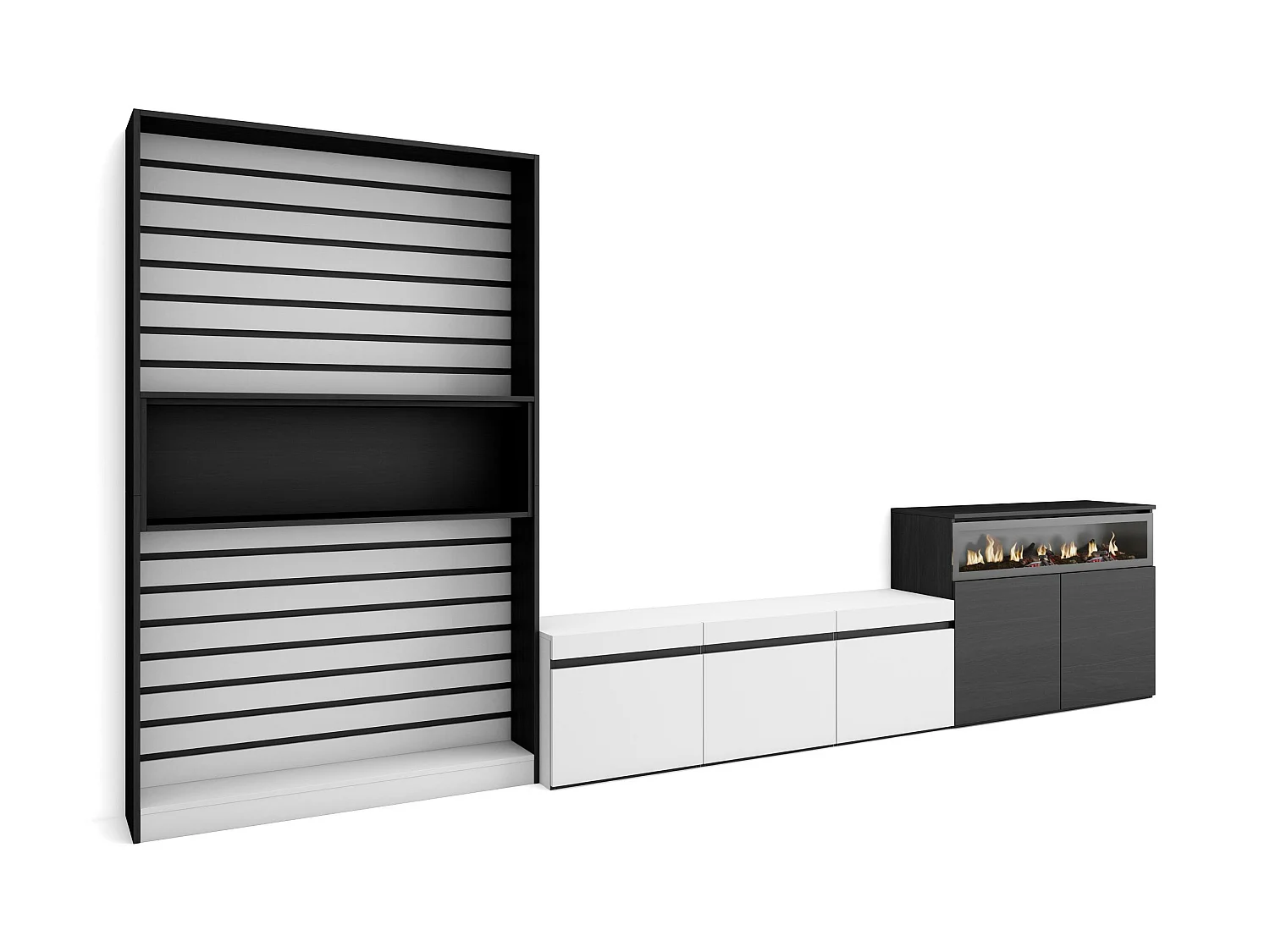 Ensemble Meuble TV, 360x35x186cm, Pour les TV jusqu'à 65", Cheminée électrique, Blanc et noir
