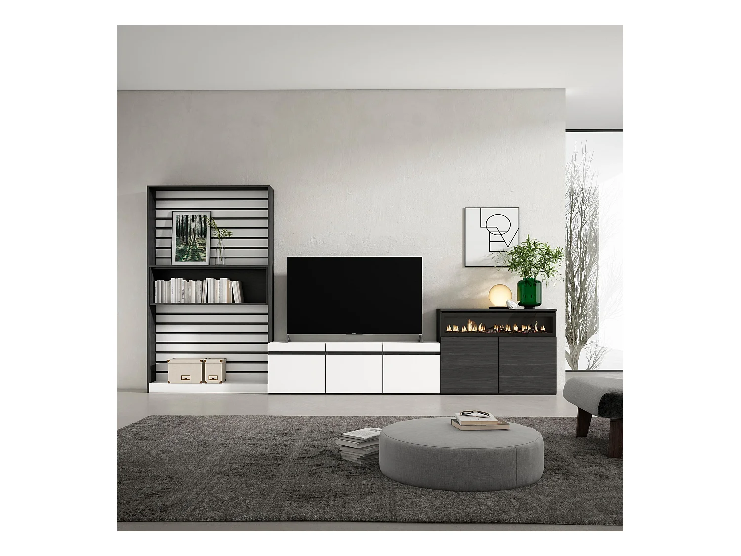 Ensemble Meuble TV, 360x35x186cm, Pour les TV jusqu'à 65", Cheminée électrique, Blanc et noir