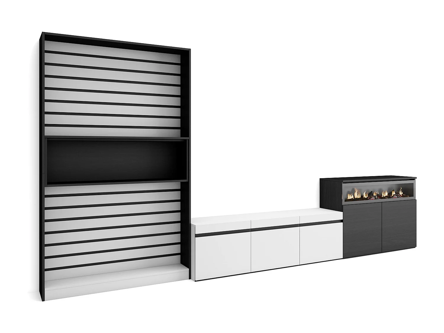 Ensemble Meuble TV, 360x35x186cm, Pour les TV jusqu'à 65", Cheminée électrique, Blanc et noir