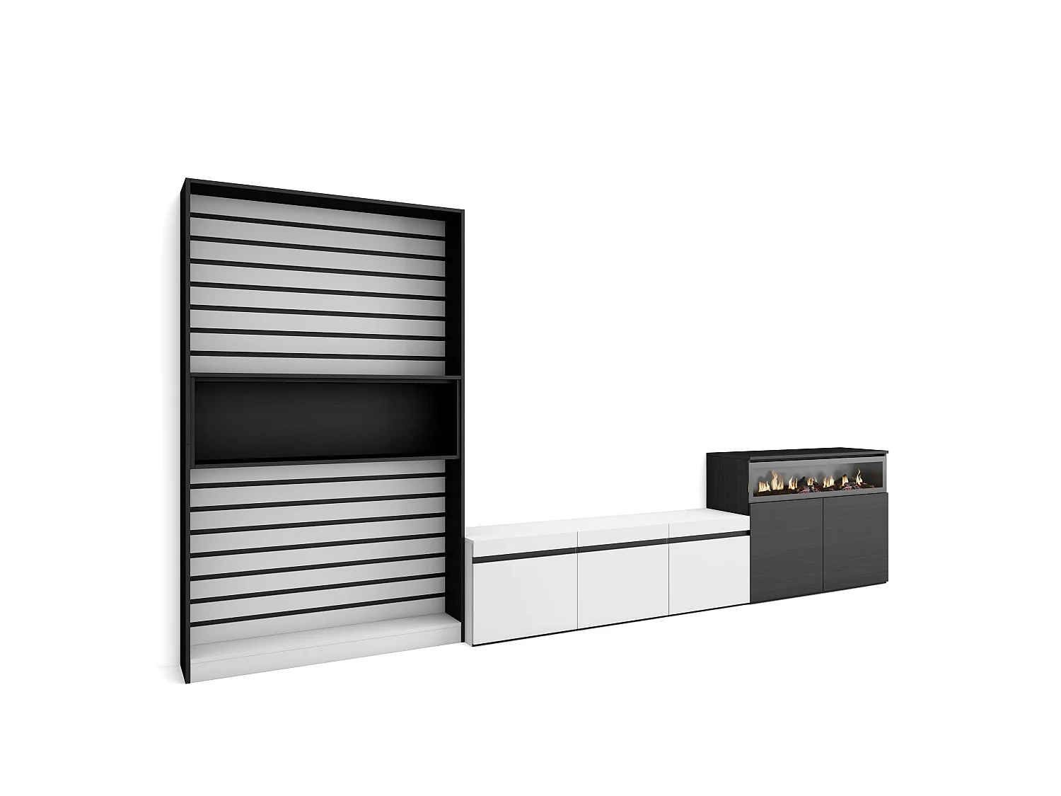 Wohnwand Wohnzimmer, 360x35x186cm, Für TV-Geräte bis zu 65", Elektrokamin. , Weiß und Schwarz