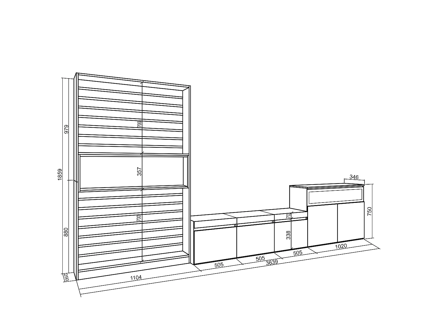 Wohnwand Wohnzimmer, 360x35x186cm, Für TV-Geräte bis zu 65", Elektrokamin. , Weiß und Schwarz